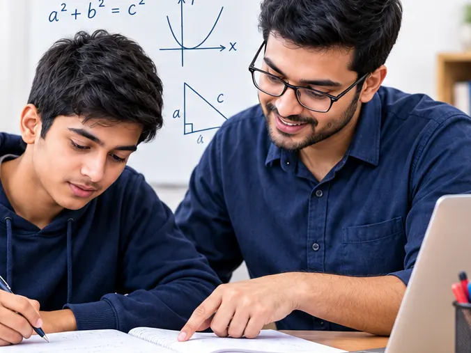 A tutor helping a student with a maths problem, with formulas on the board behind them
