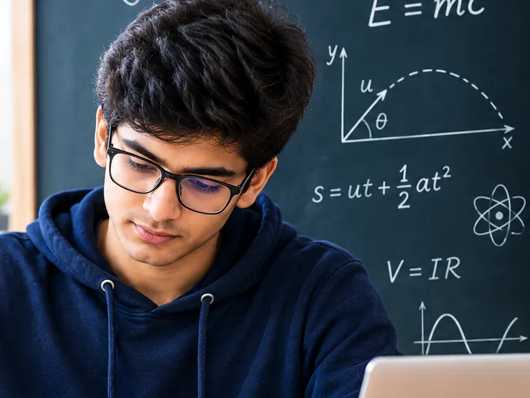 A student writing physics solutions in front of a chalkboard with projectile motion equations