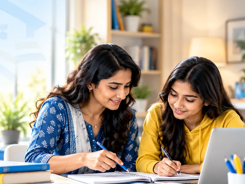 A tutor and a student studying together at a desk at home