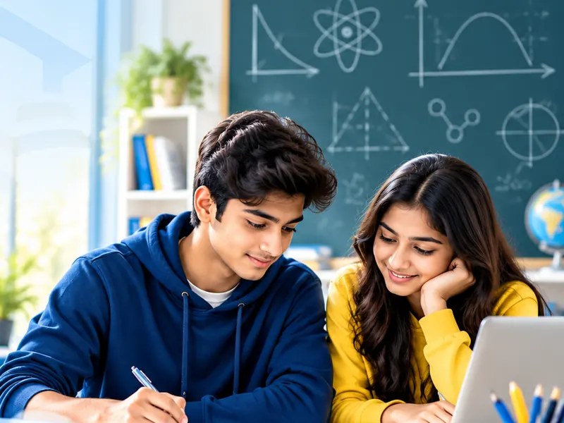 Two students working through problems in their notebooks in front of a chalkboard of physics diagrams